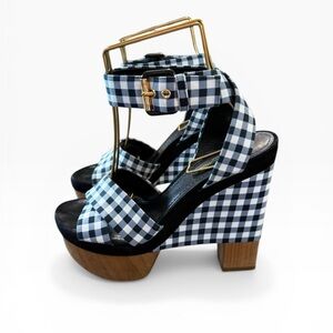 Louis Vuitton Gingham Plaid Wood Platform Wedge Sandals EU 37 US 7